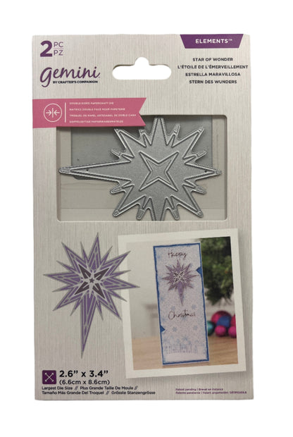 Package of Gemini star-shaped cutting dies with a sample card and die on a white background