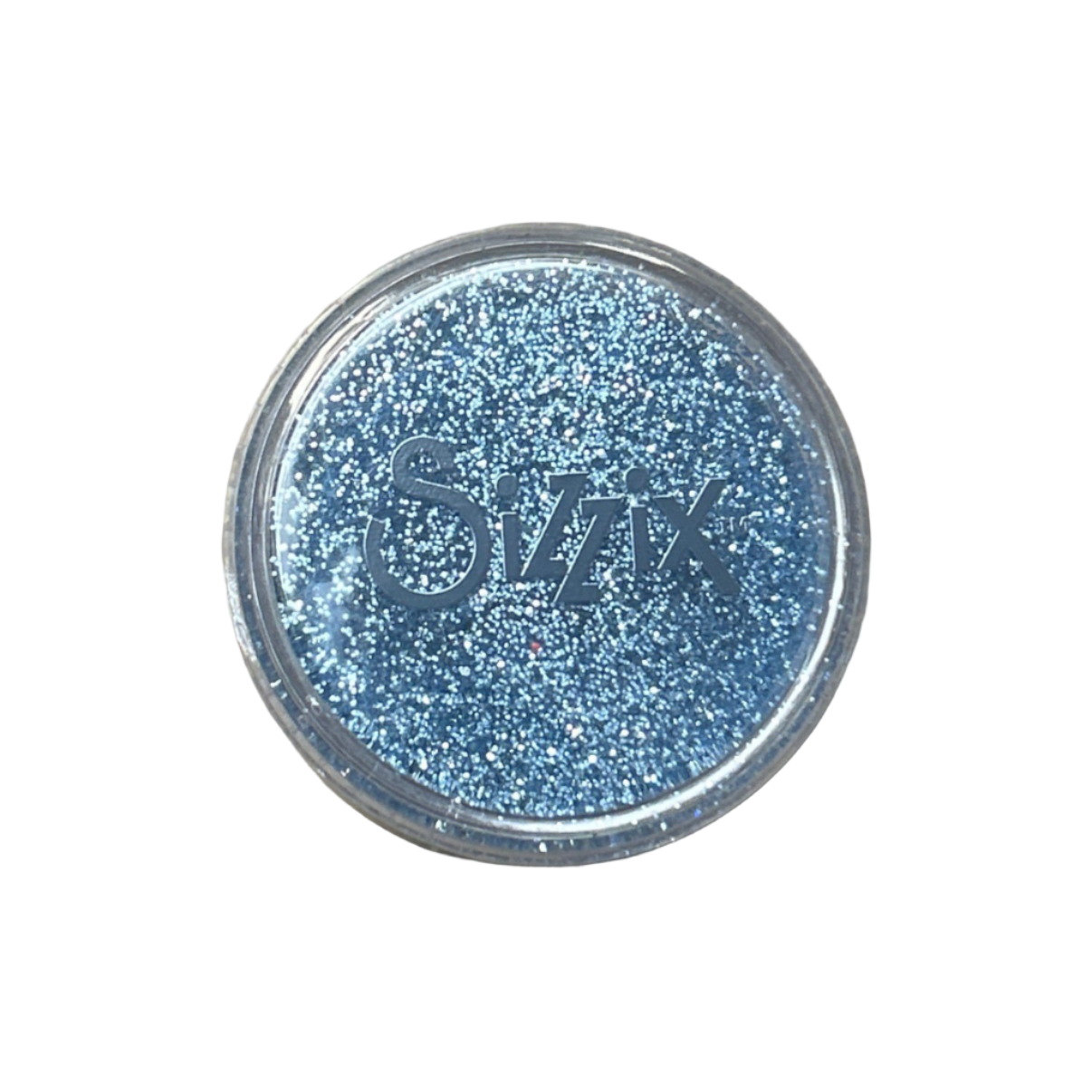 Blue glitter in a round container with 'Sizzix' branding on a white background