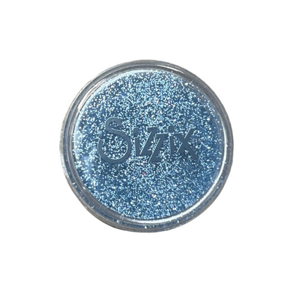 Blue glitter in a round container with 'Sizzix' branding on a white background