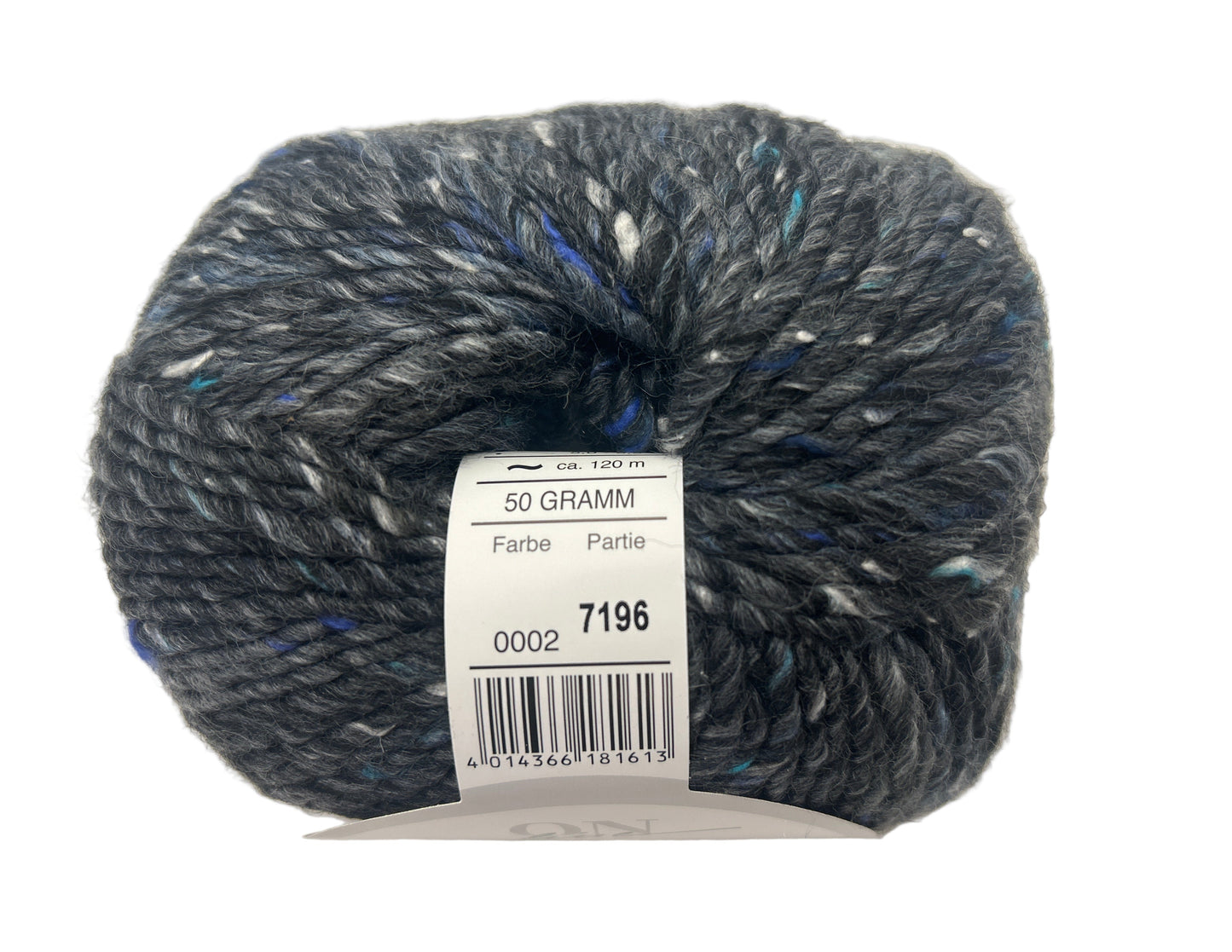 Gray skein of yarn with a label on a white background