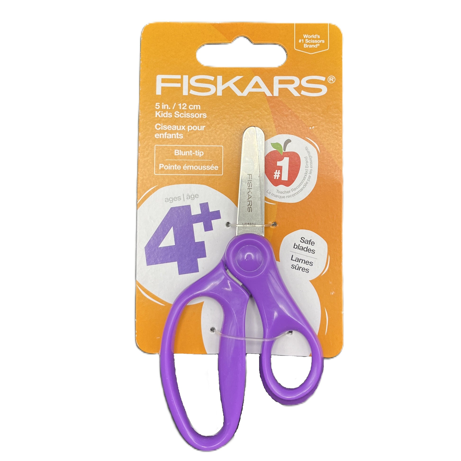Fiskars children's scissors with purple handles on an orange packaging background