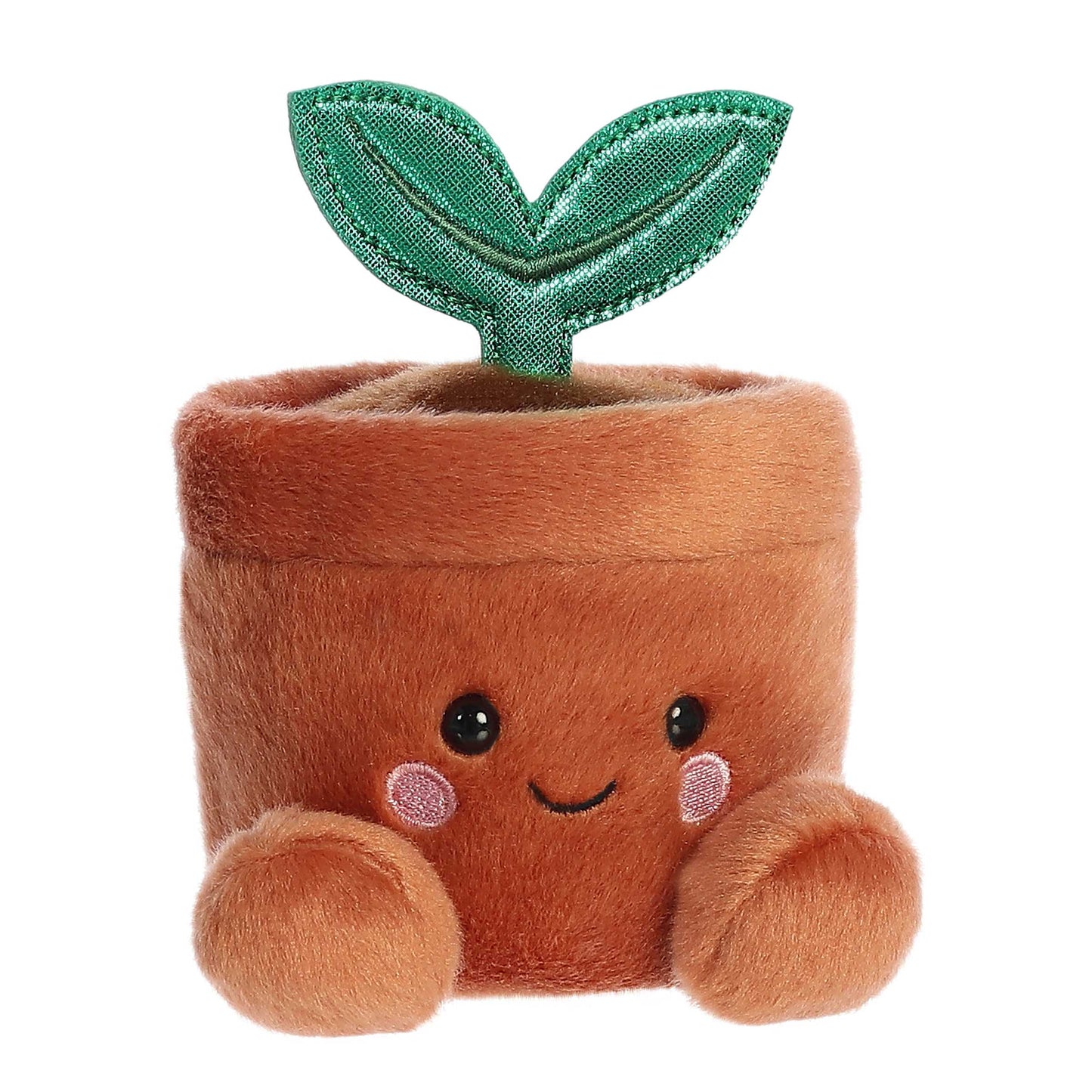 Plush toy resembling a potted plant with a smiling face on a white background