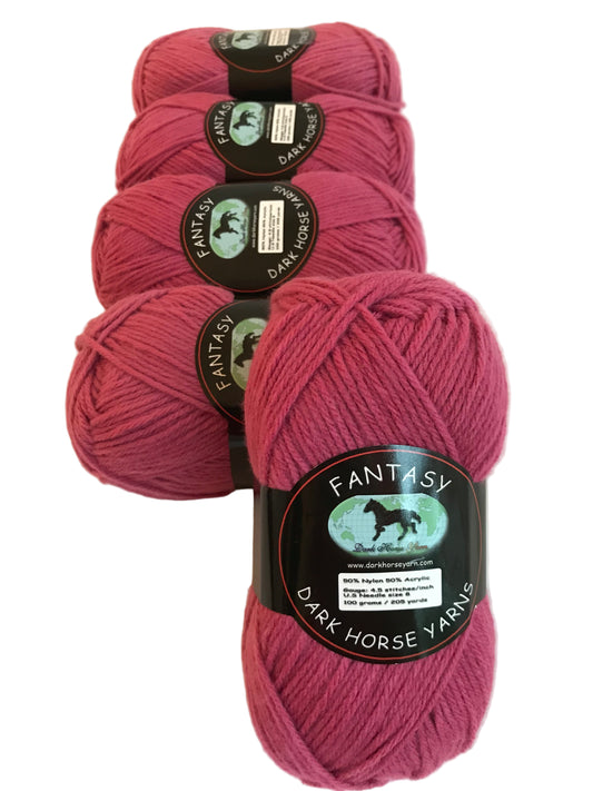 Five skeins of pink yarn with 'Fantasy Dark Horse Yarns' labels on a white background