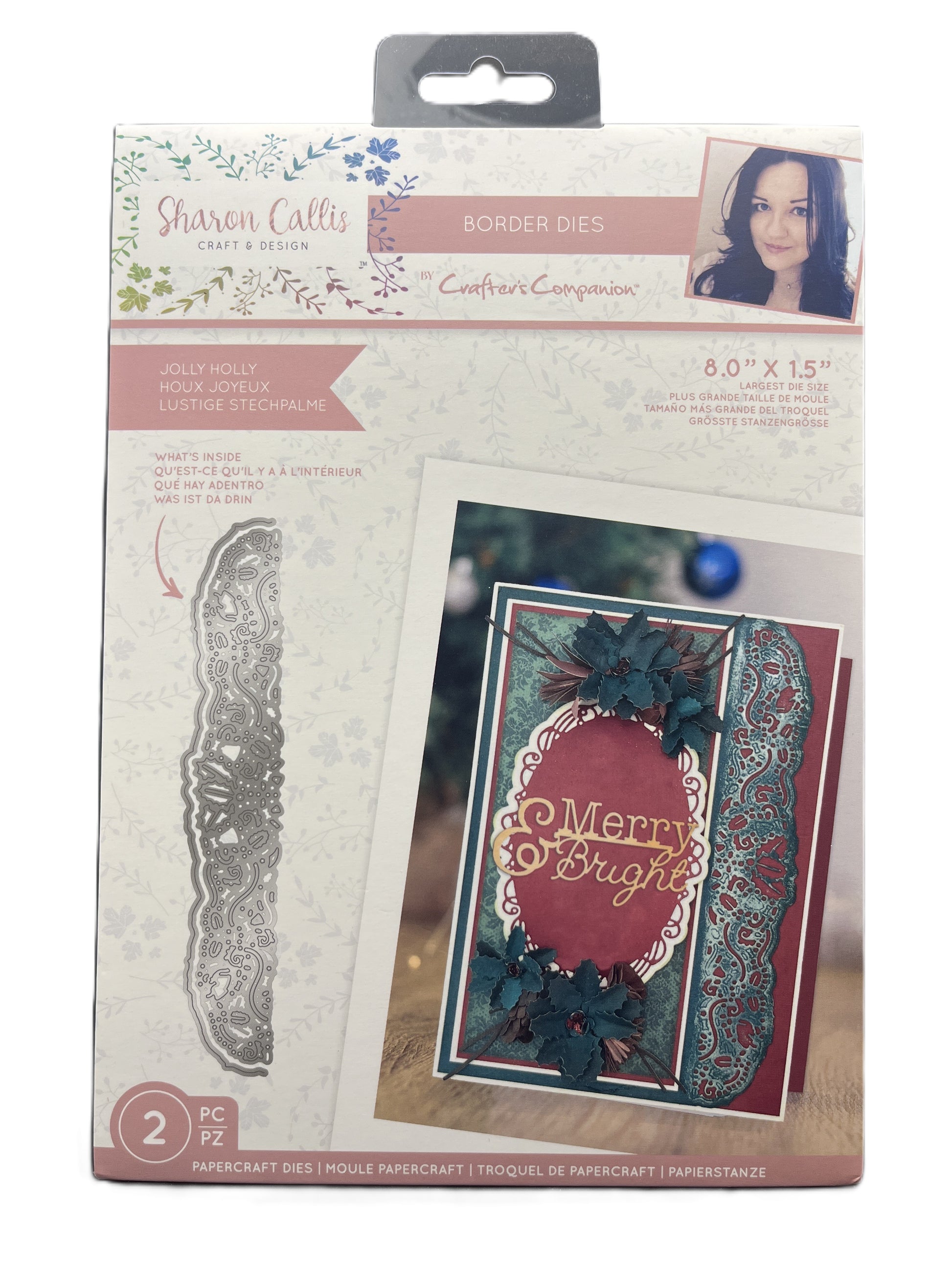 Packaged product with a decorative cutting die and a sample card featuring 'Merry & Bright' text.