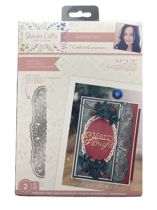Packaged product with a decorative cutting die and a sample card featuring 'Merry & Bright' text.