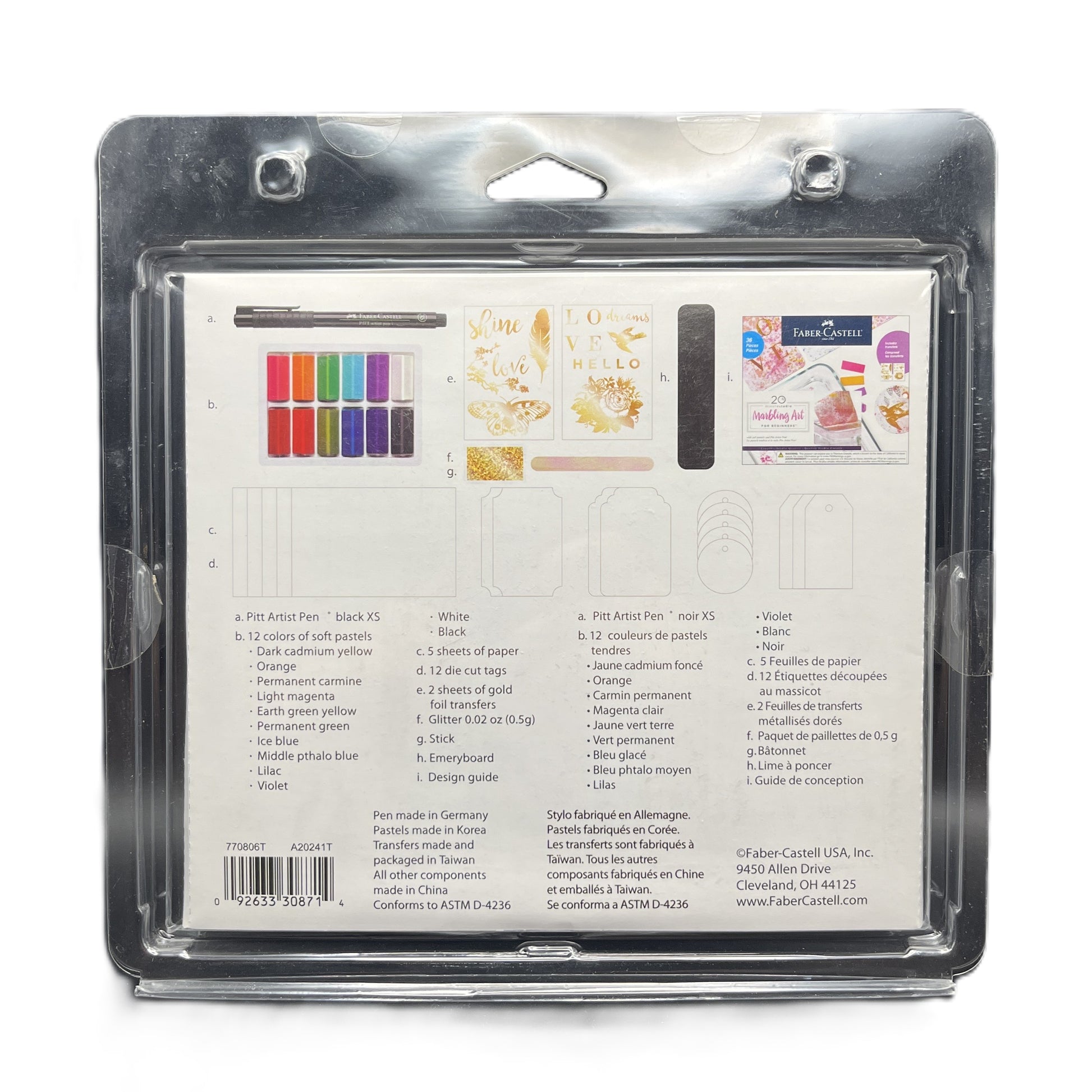 Packaged art set with color swatches and branding on a white background