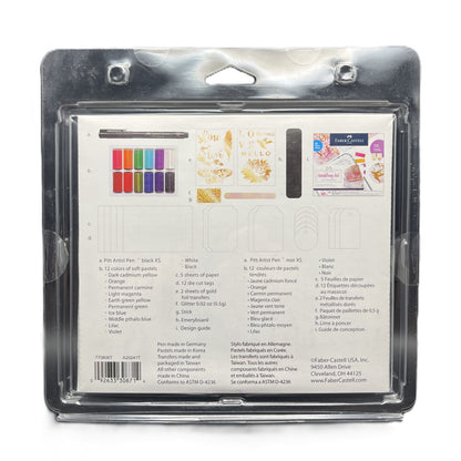 Packaged art set with color swatches and branding on a white background