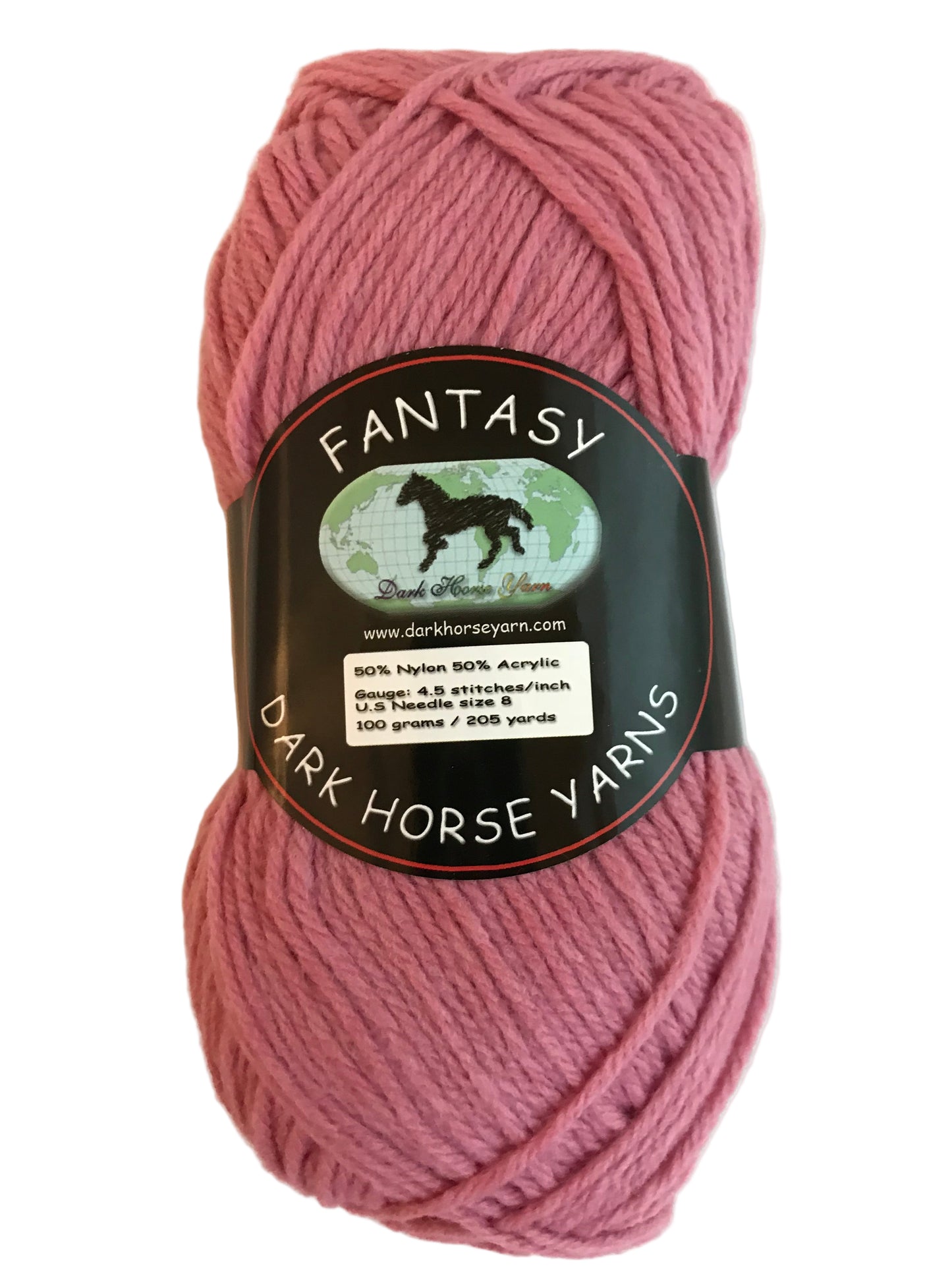 Pink skein of yarn with a label on a light background