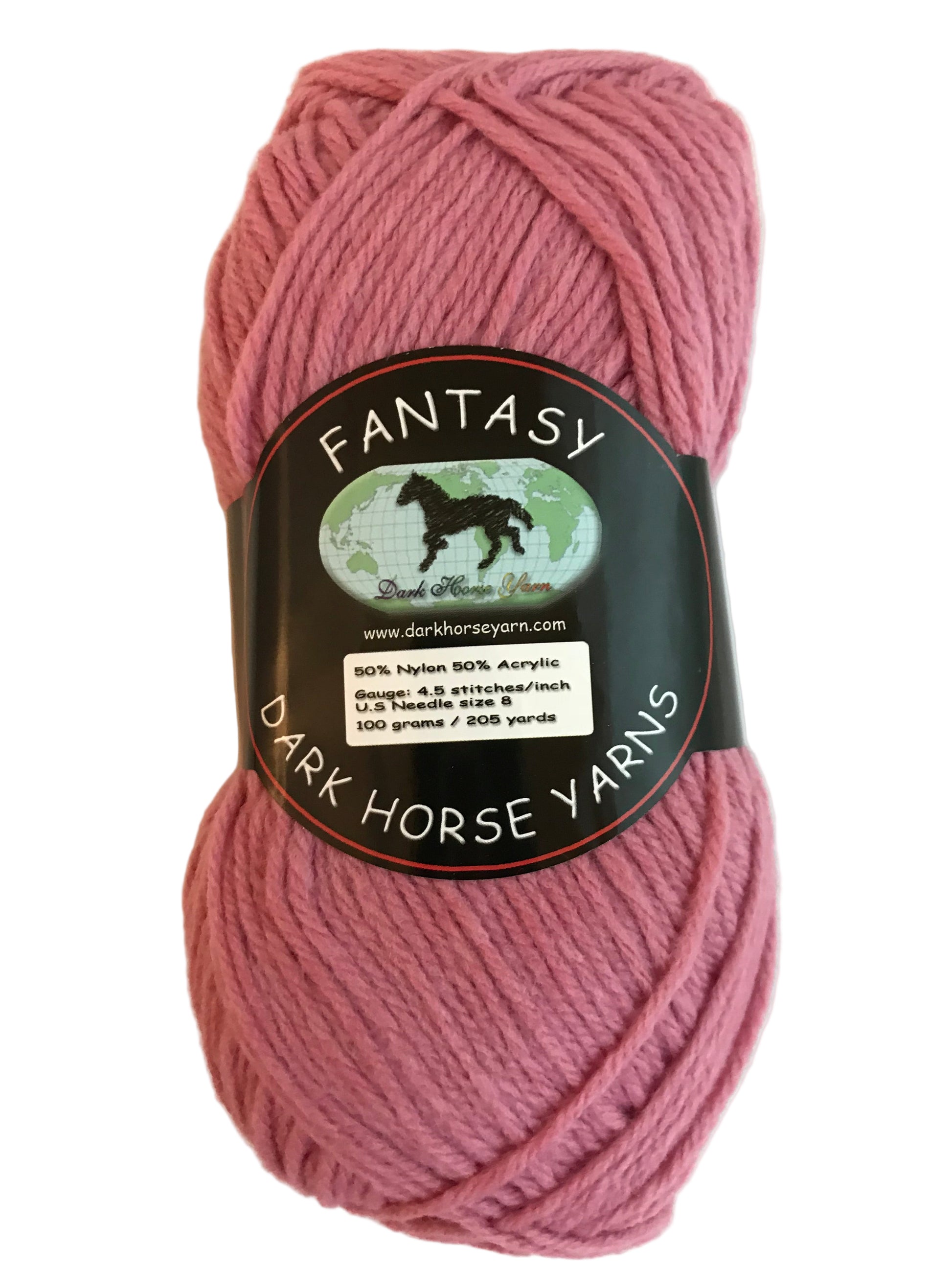 Pink skein of yarn with a label on a light background