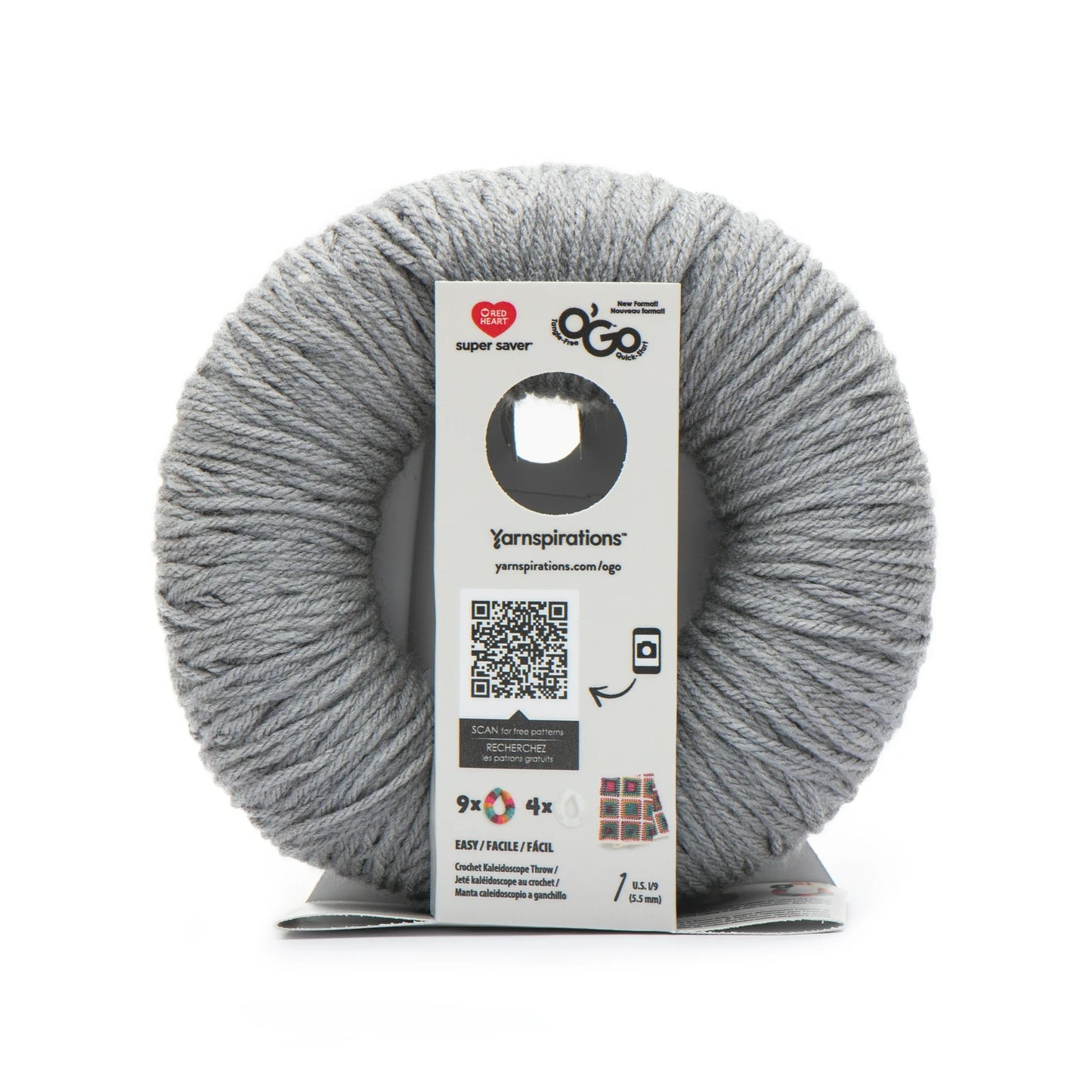 Gray skein of yarn with a Yarnspirations label on a white background