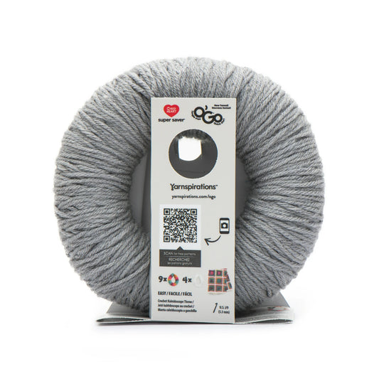 Gray skein of yarn with a Yarnspirations label on a white background