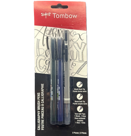Tombow brand 3 piece calligraphy brush pens, black hard tip, black soft tip annd twin soft tips with 1 black and 1 gray colored ink.