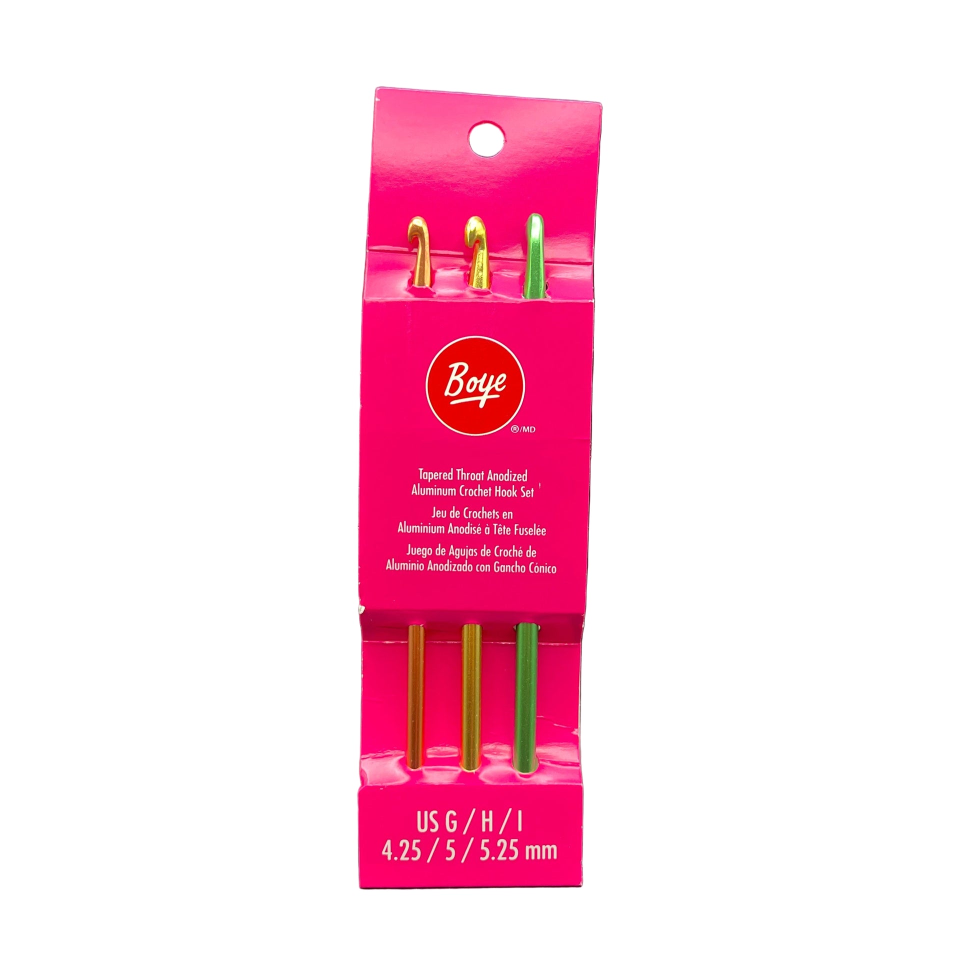 Pack of Boye crochet hooks in pink packaging on a white background