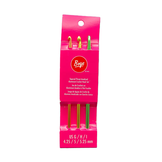 Pack of Boye crochet hooks in pink packaging on a white background