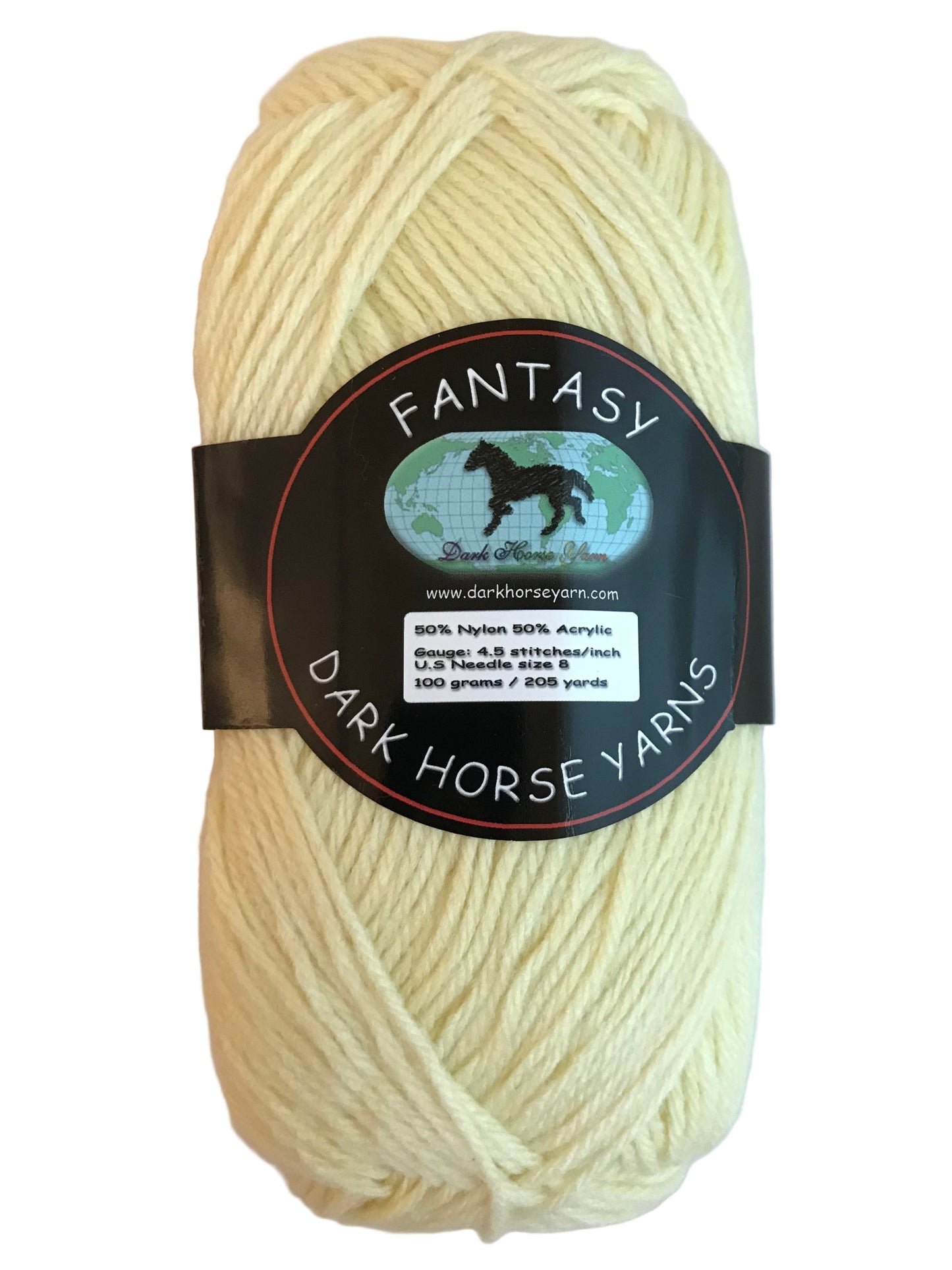 Ball of yellow yarn with a Dark Horse Yarns label on a light pink background