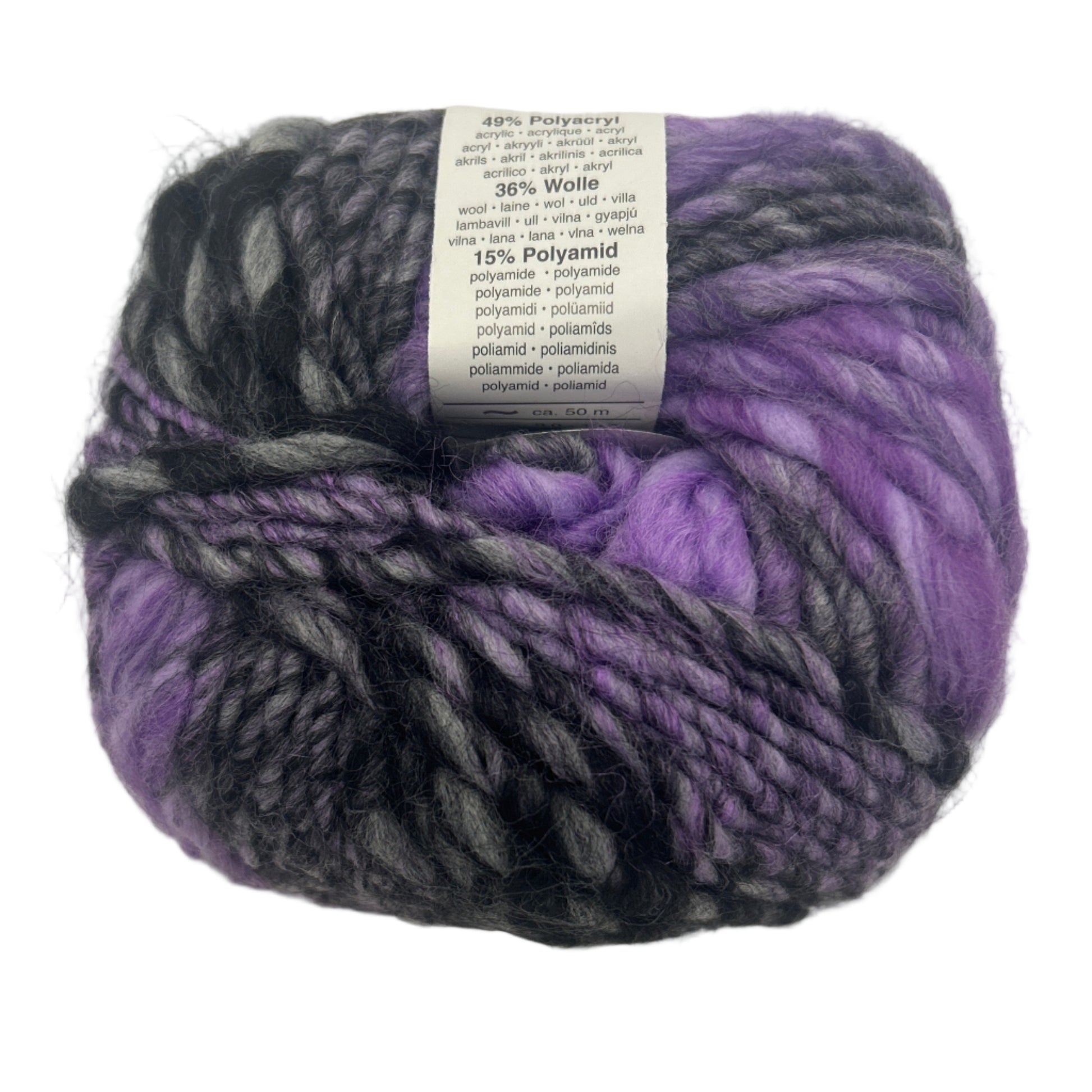 Ball of purple and gray yarn on a white background