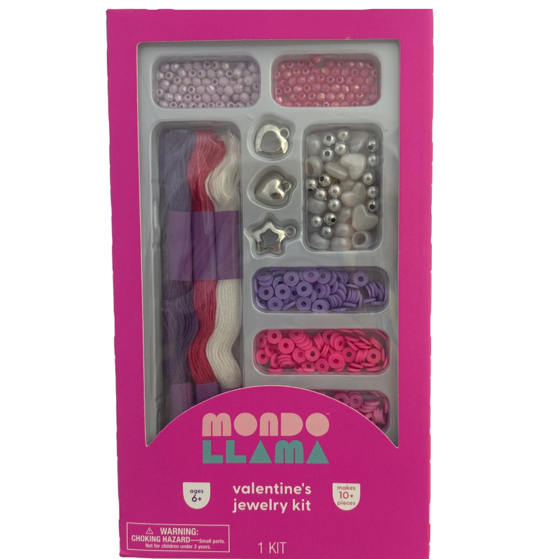 Jewelry kit with beads and strings in a pink box labeled 'mondo llama'.