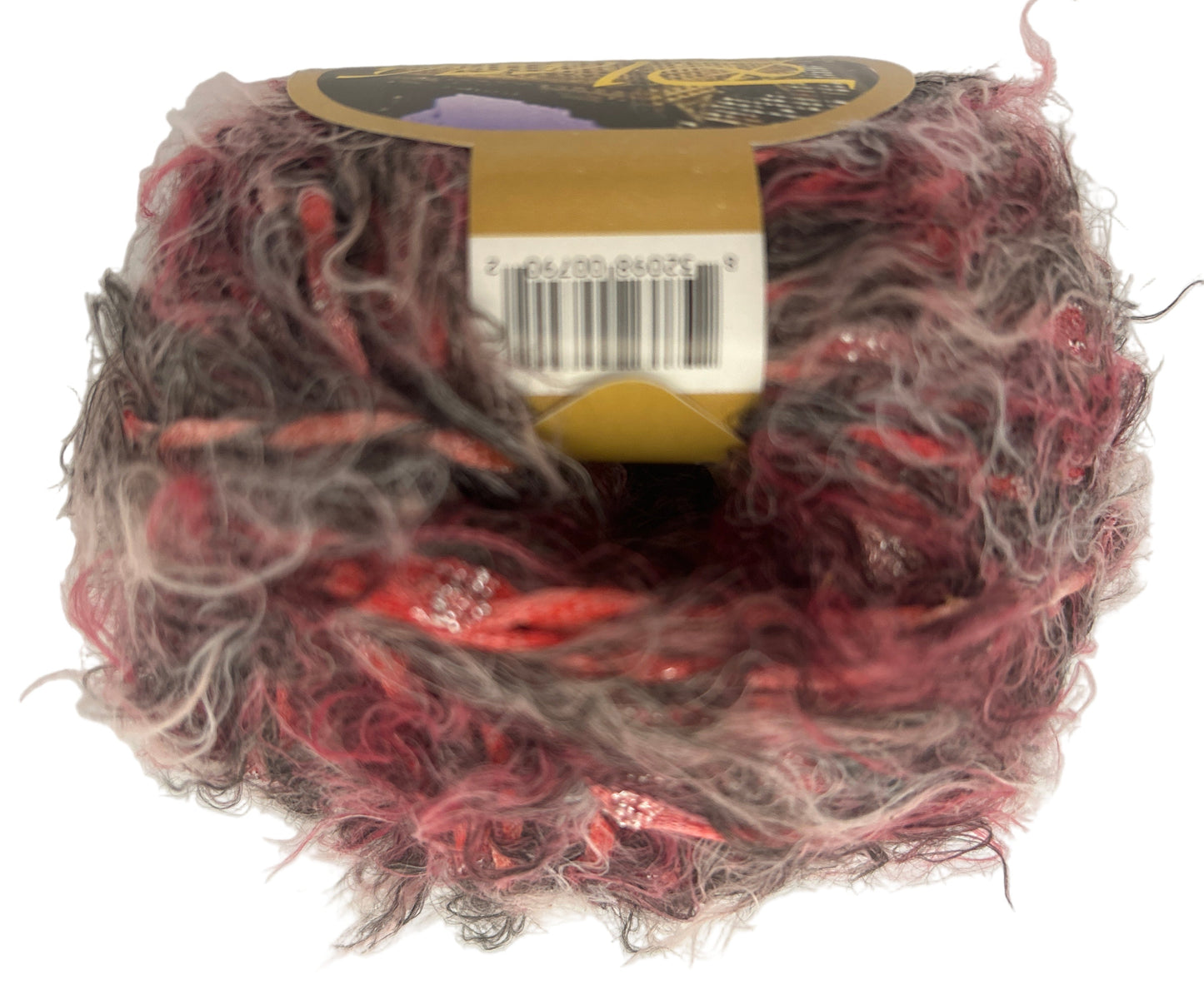Multicolored yarn ball with a label on a white background
