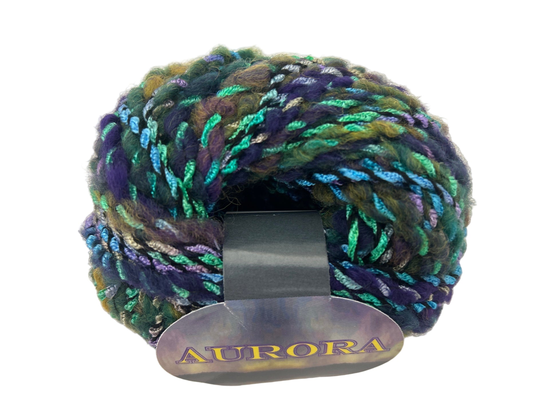 Multicolored yarn on a white background with 'Aurora' label