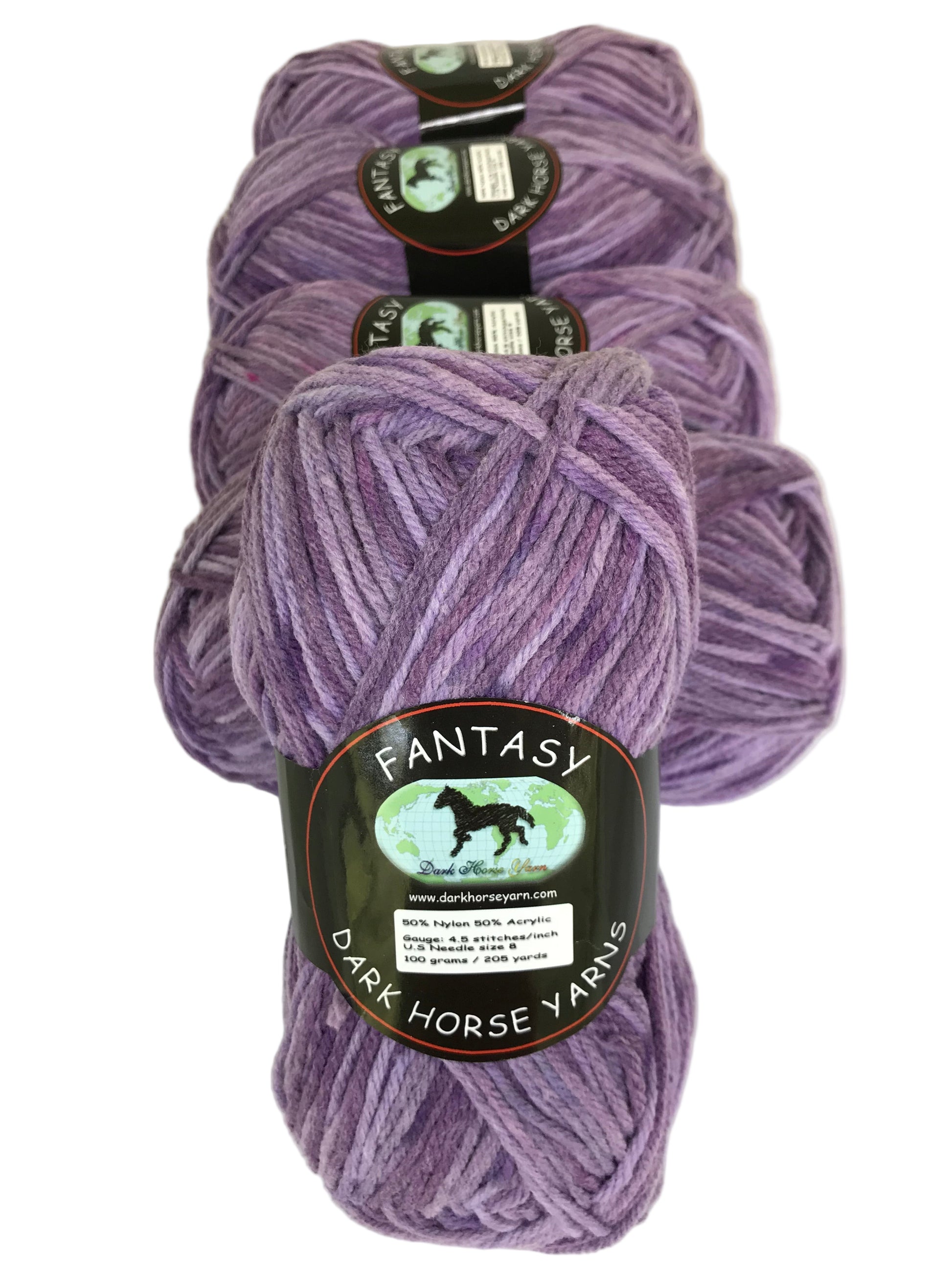 Three skeins of purple yarn with labels on a white background