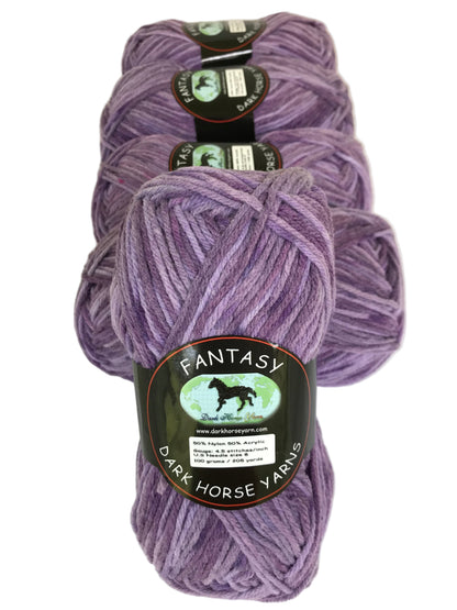 Three skeins of purple yarn with labels on a white background