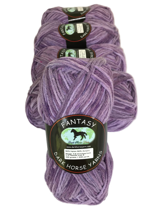 Three skeins of purple yarn with labels on a white background