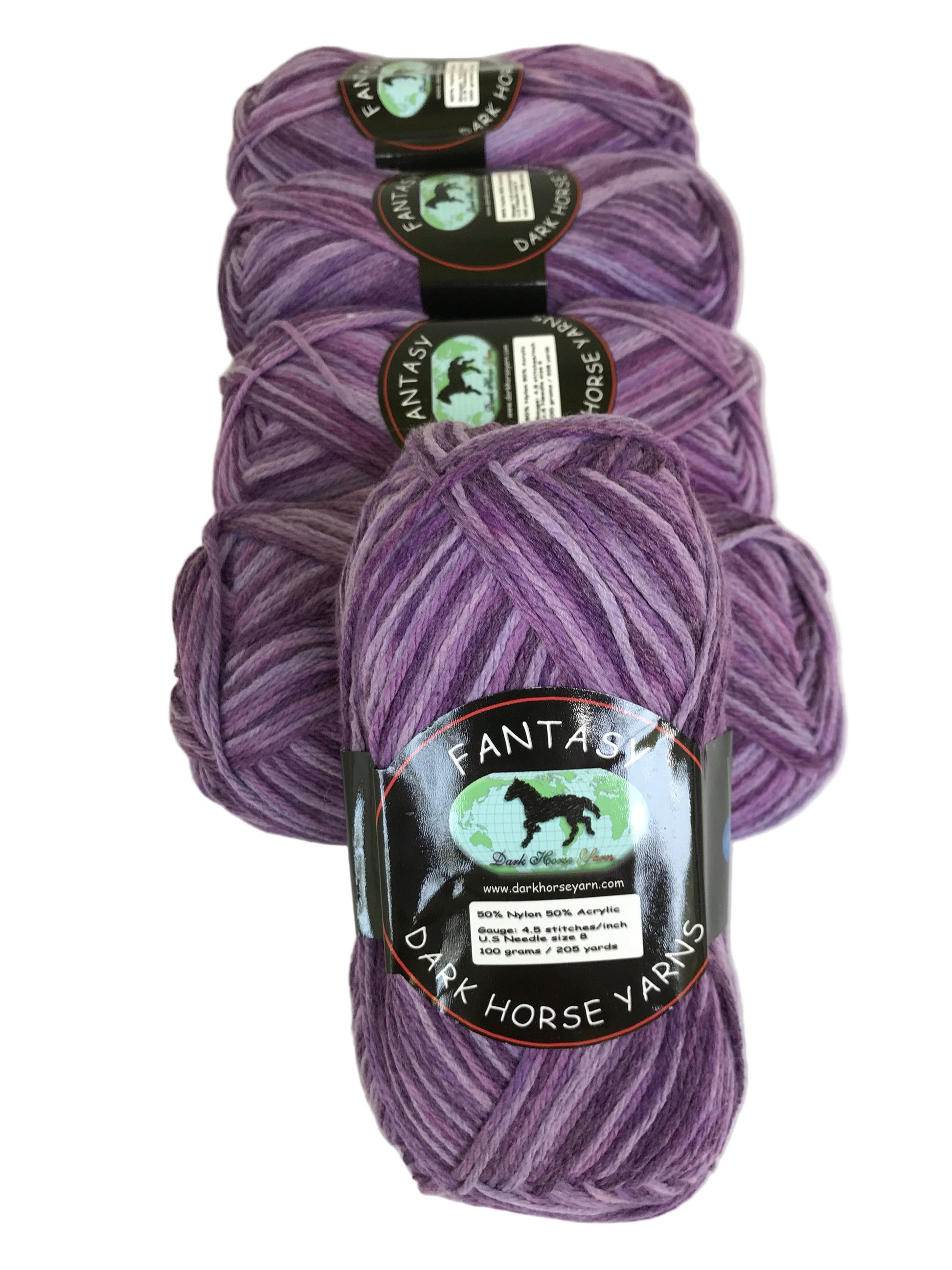 Three skeins of purple yarn with labels on a white background