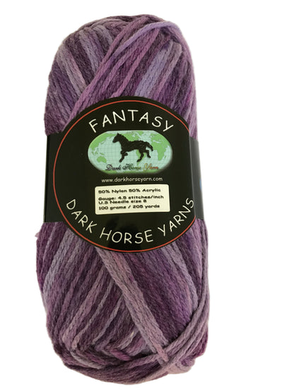 Ball of purple yarn with a Dark Horse Yarns label on a white background
