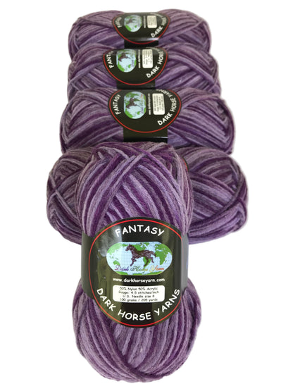 Four skeins of purple yarn with 'Dark Horse Yarns' labels on a white background