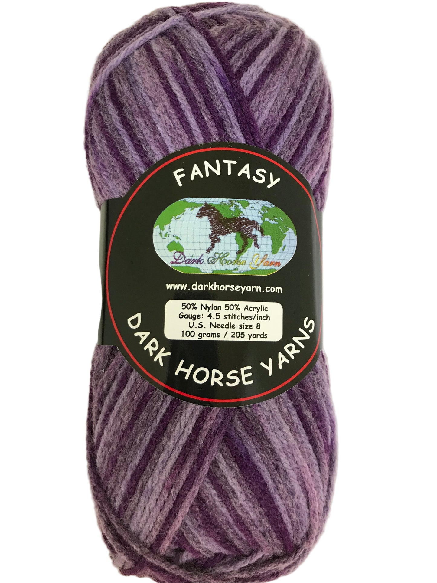 Ball of purple yarn with a 'Dark Horse Yarns' label on a white background