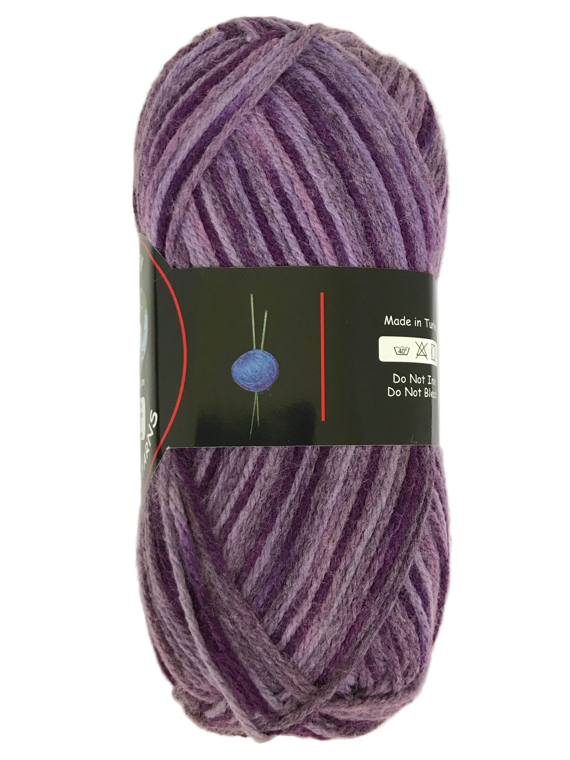 Purple skein of yarn with a label on a white background