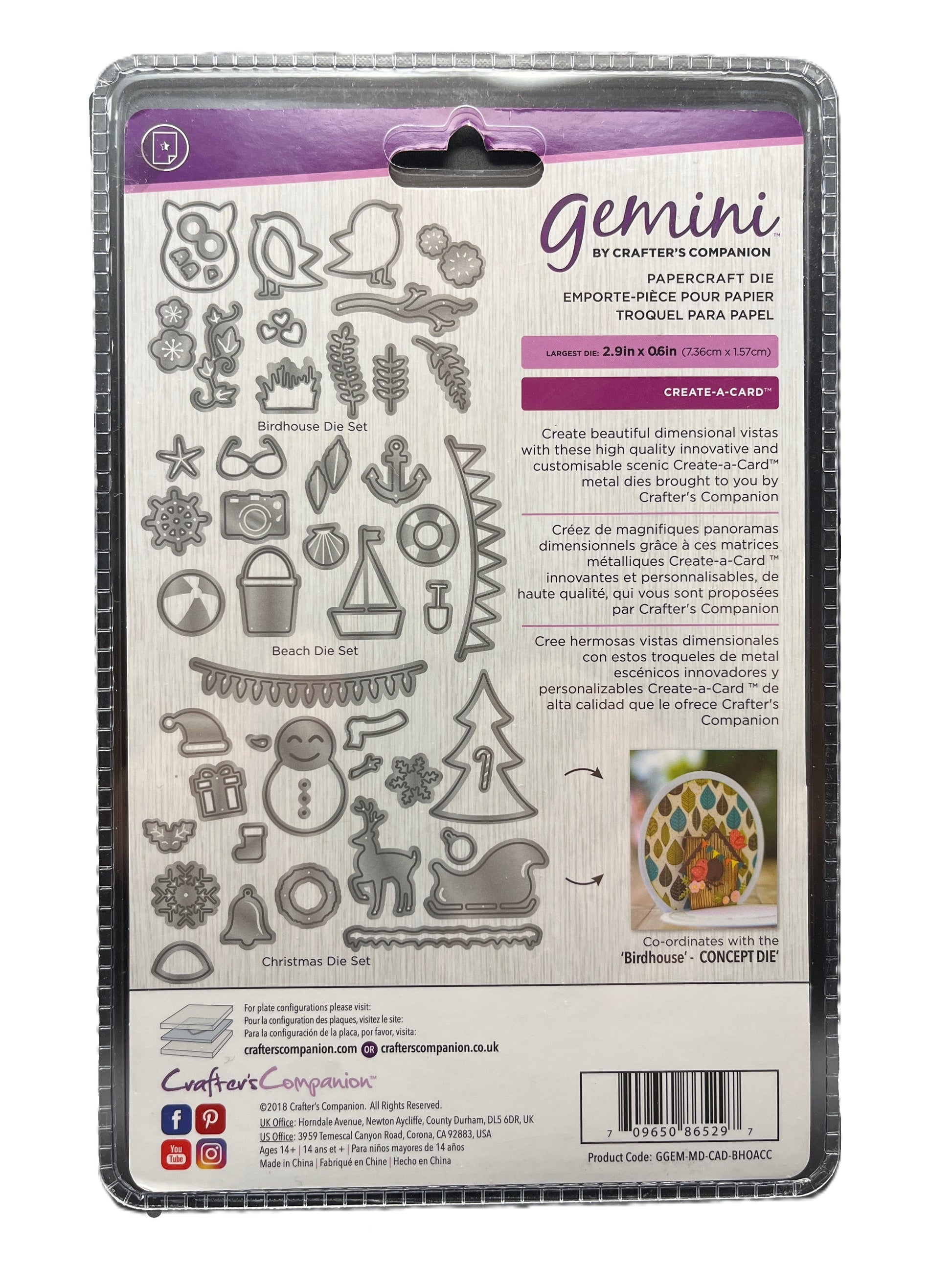 Packaging of Gemini by Crafter's Companion die set with various shapes and designs on a white background.