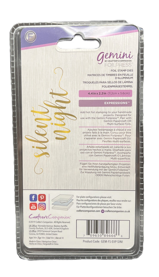Packaging of Gemini Expressions silent night nail foil with brand details.