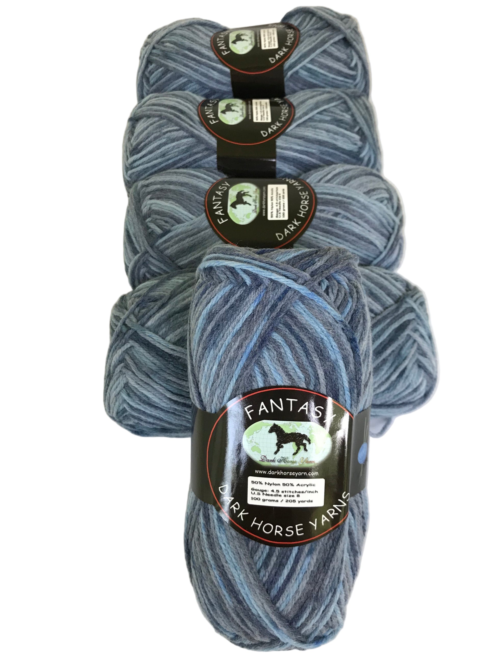Three skeins of blue yarn with labels on a white background