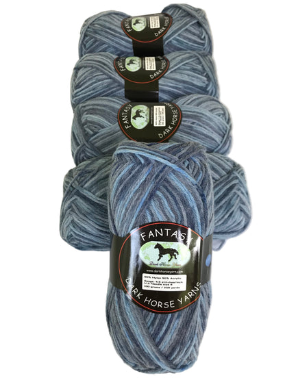 Three skeins of blue yarn with labels on a white background