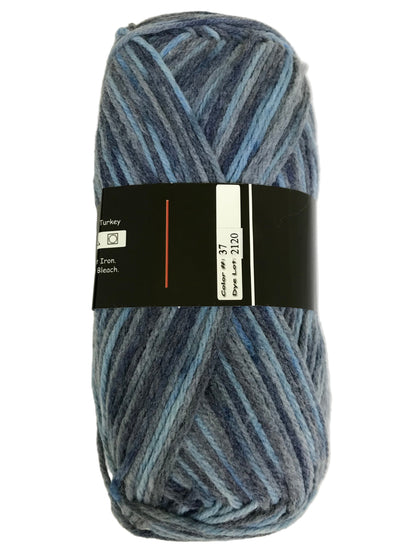 Blue striped yarn ball with a label on a white background