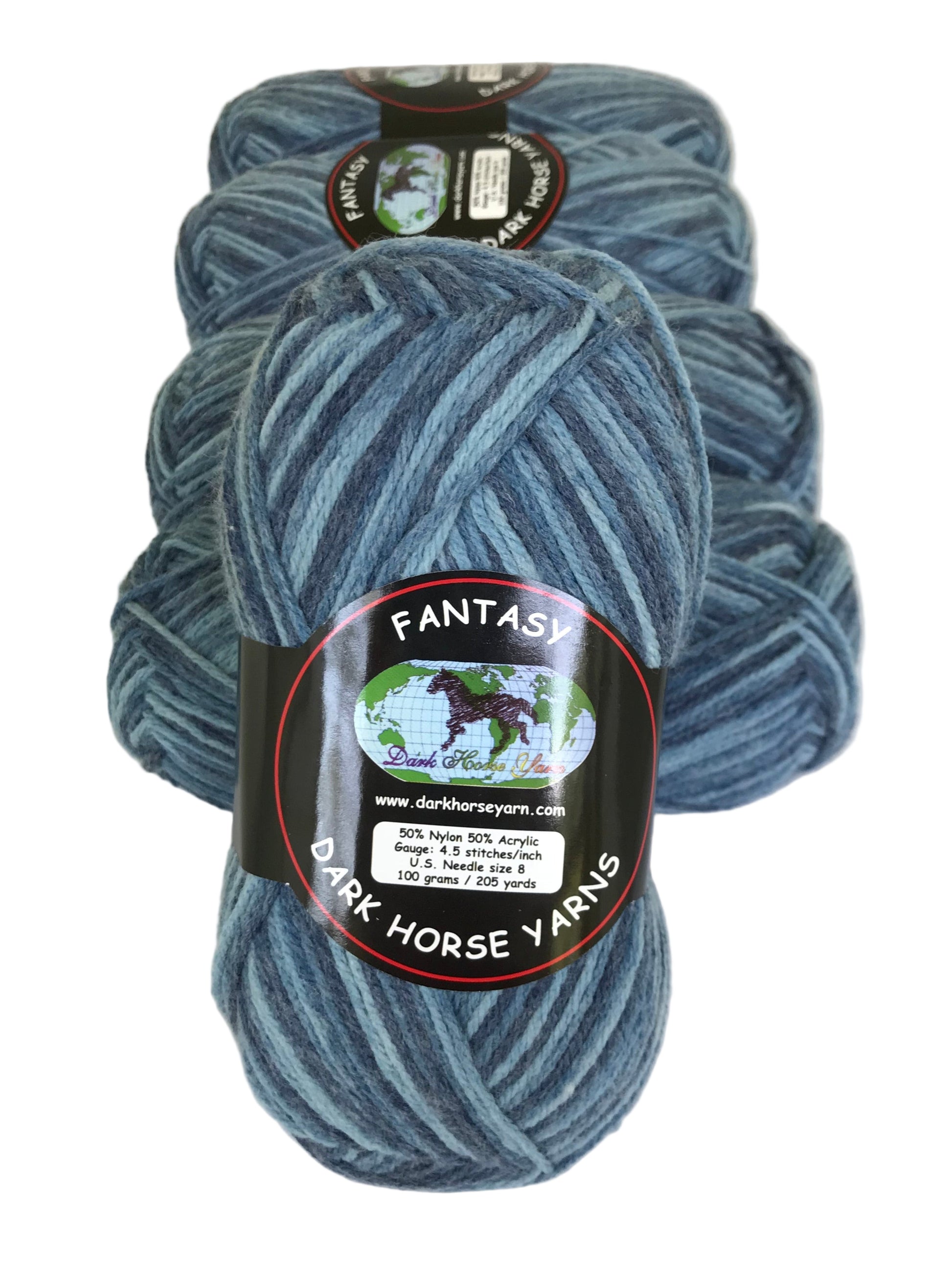 Three skeins of blue yarn with 'Fantasy' label on a white background