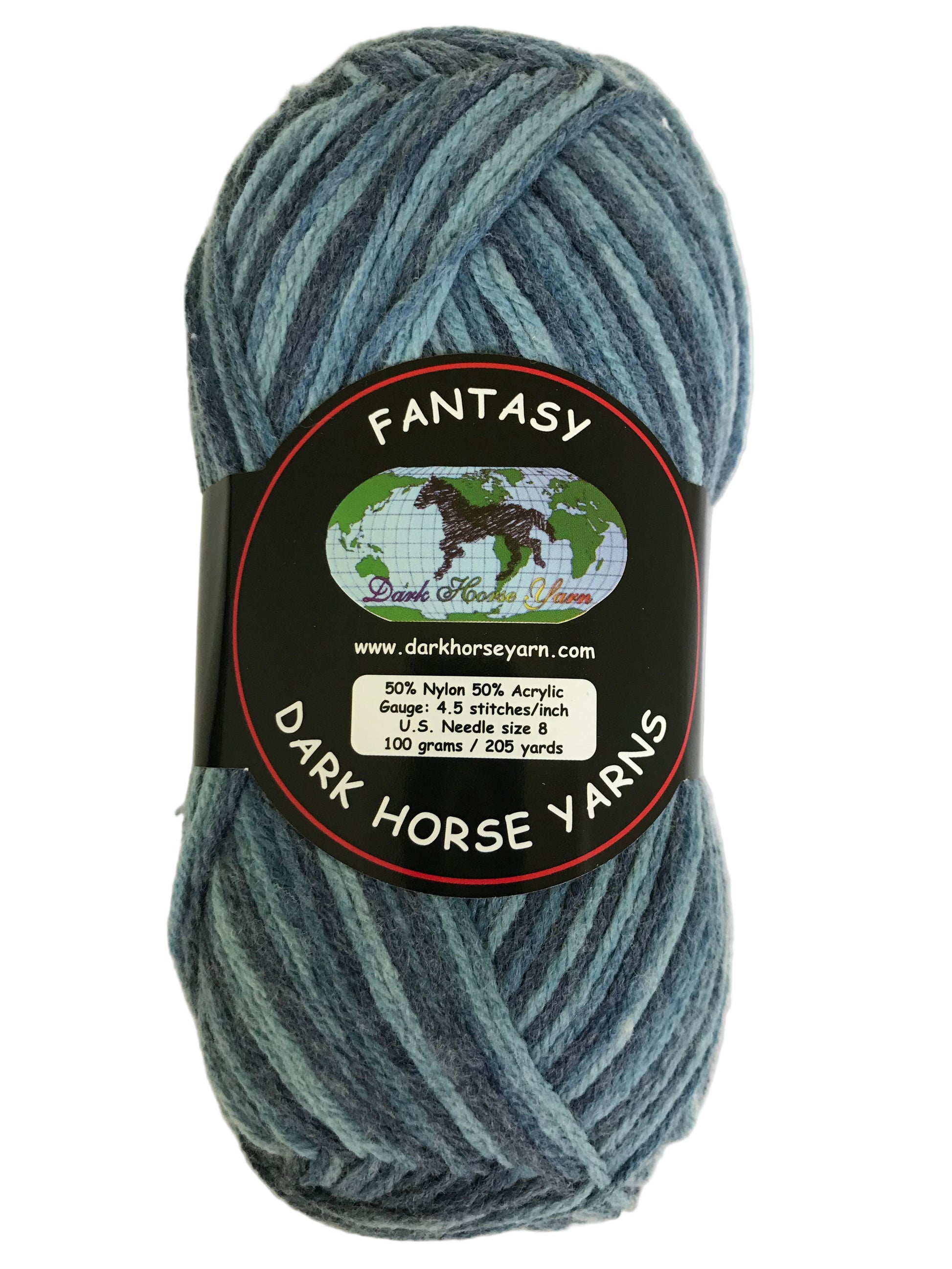 Blue skein of yarn with a 'Dark Horse Yarns' label on a white background