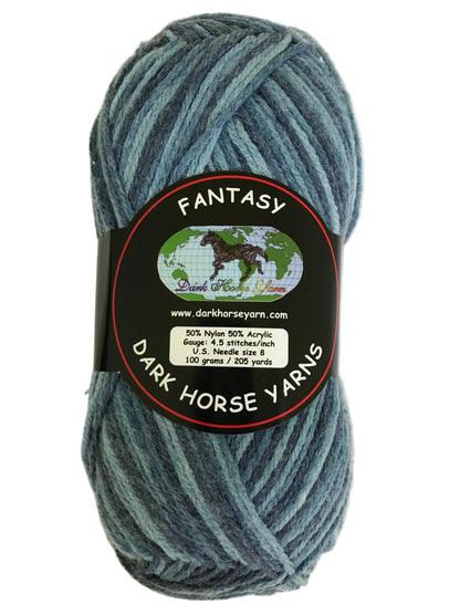 Blue skein of yarn with a 'Dark Horse Yarns' label on a white background