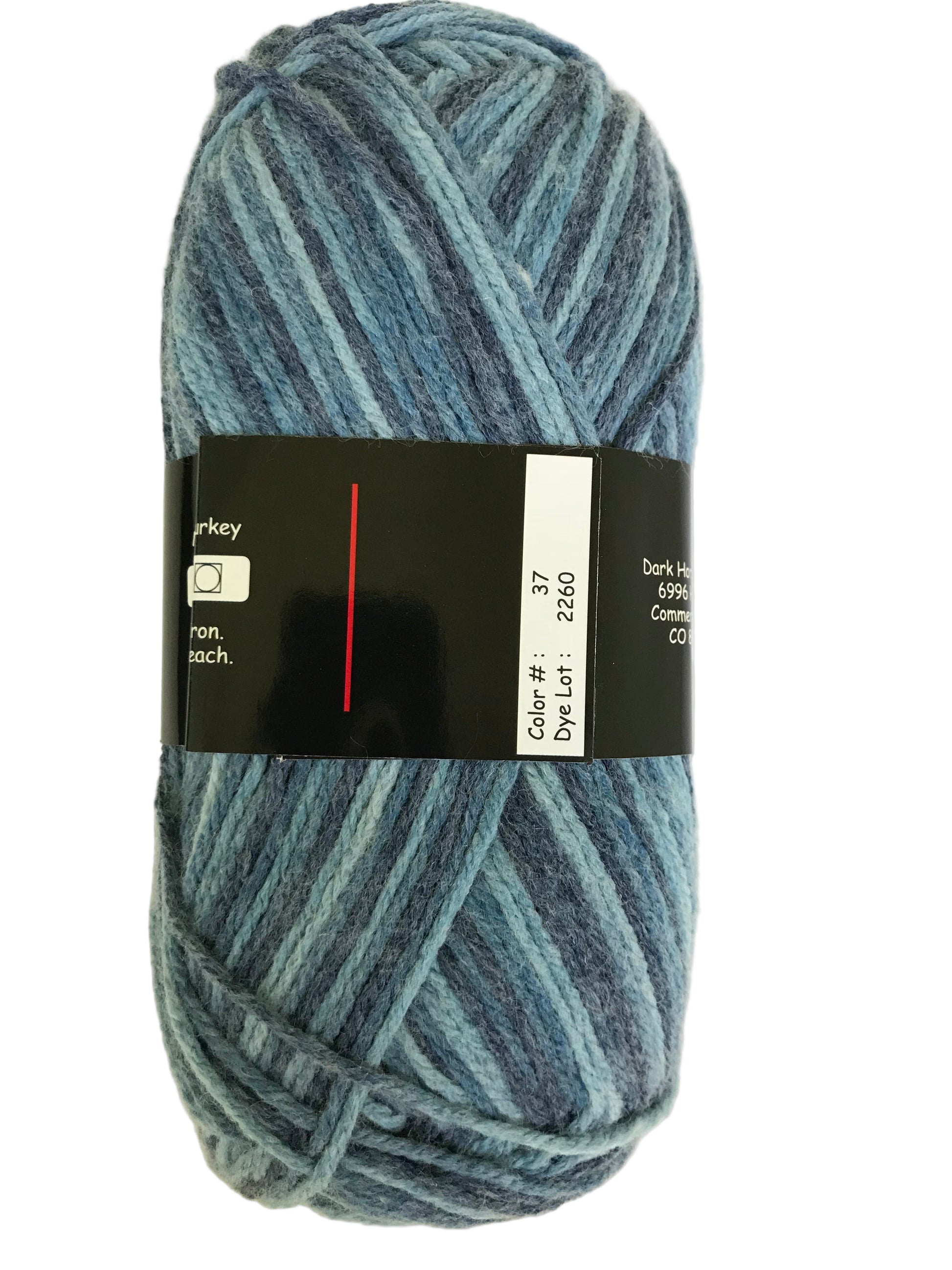 Blue striped yarn ball with a label on a white background
