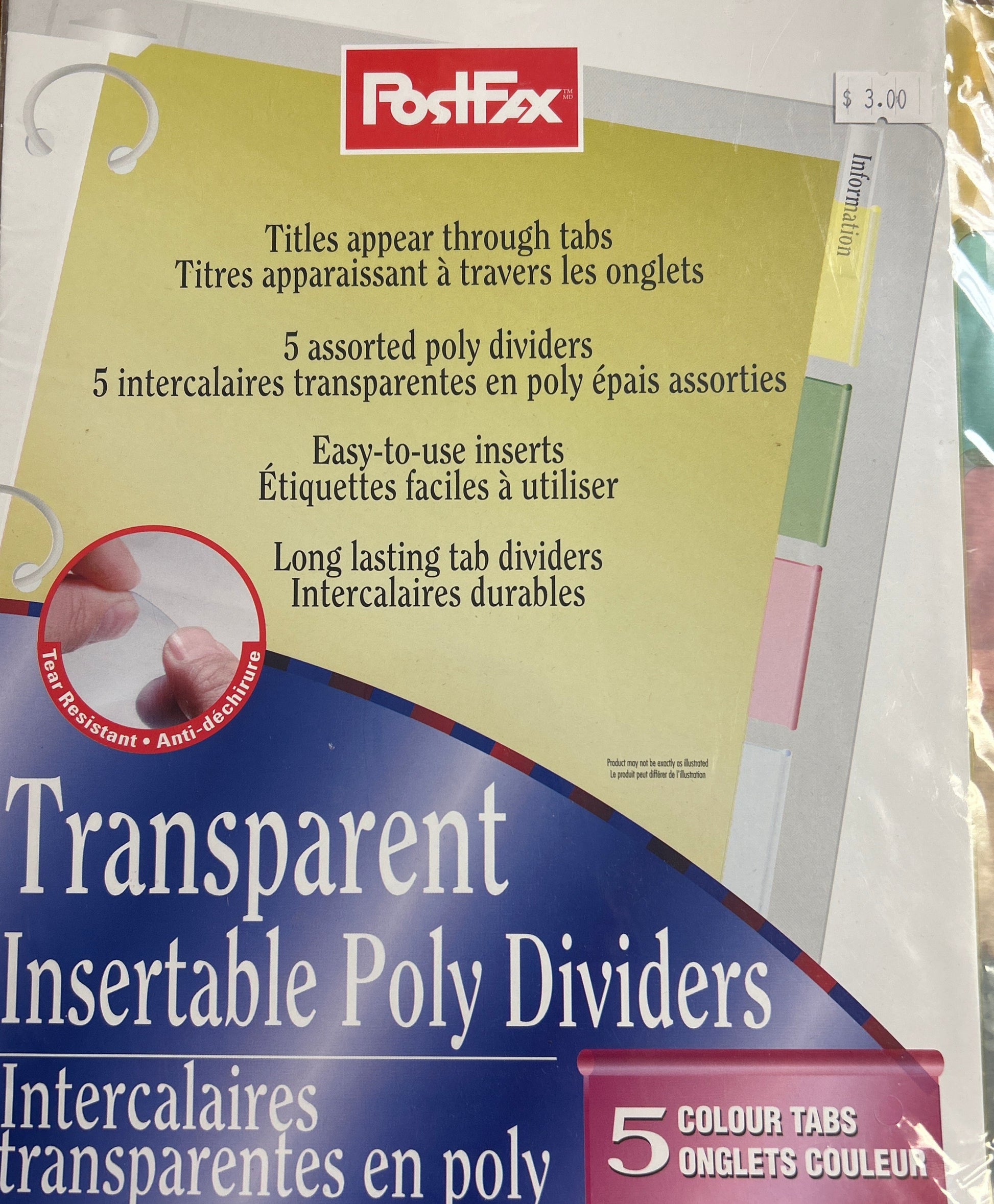 Packaging of Post-It transparent insertable poly dividers on a wooden surface