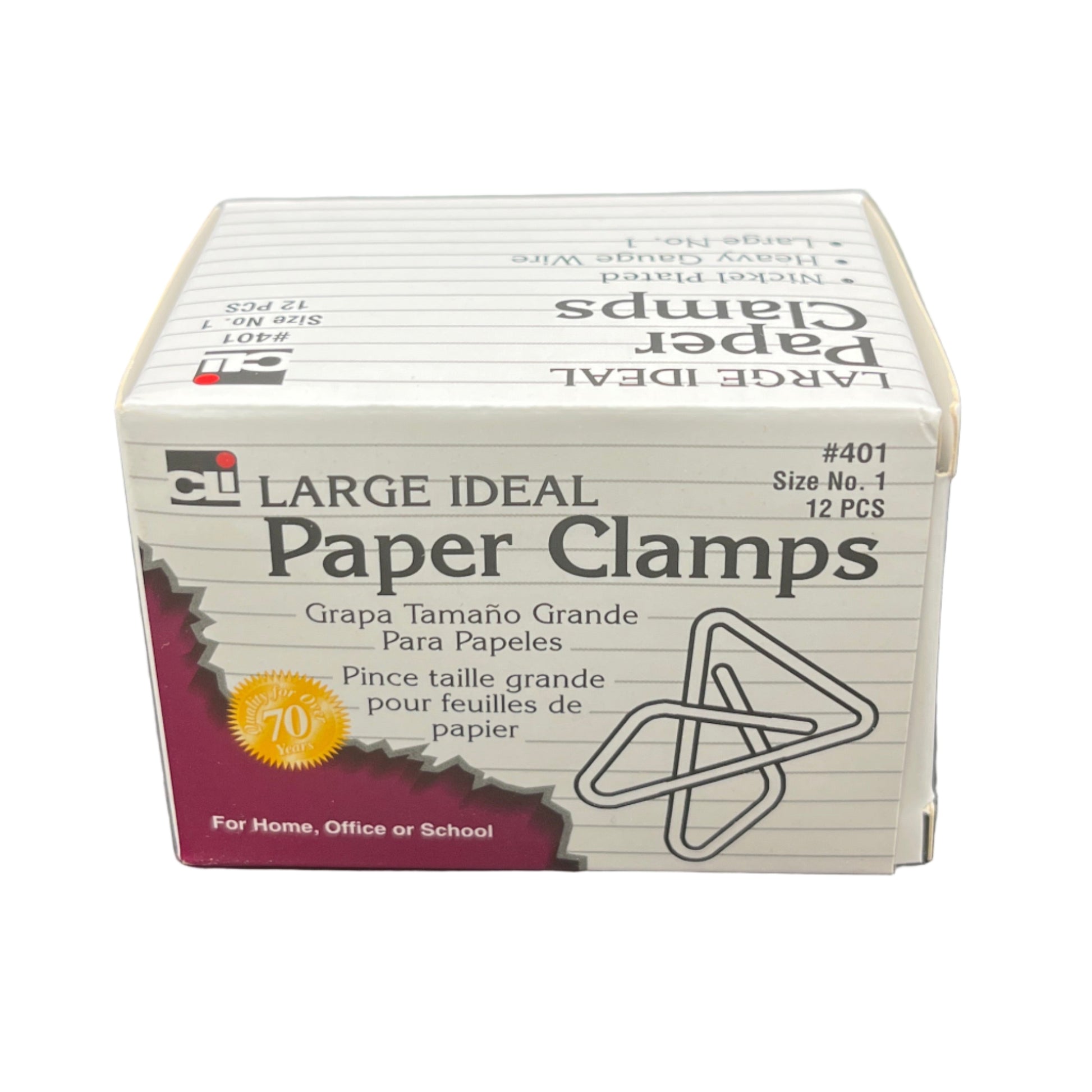 Box of Large Ideal paper clamps on a white background