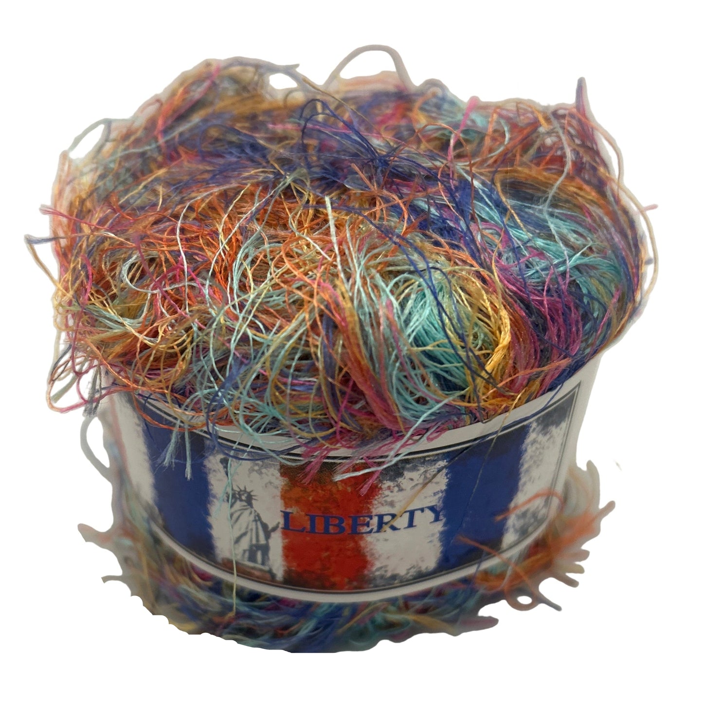 Multicolored skein of yarn in a Liberty branded container on a white background