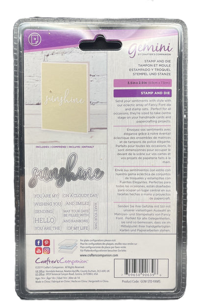 Packaged Gemini craft item with 'sunshine' stamp and die on a white background