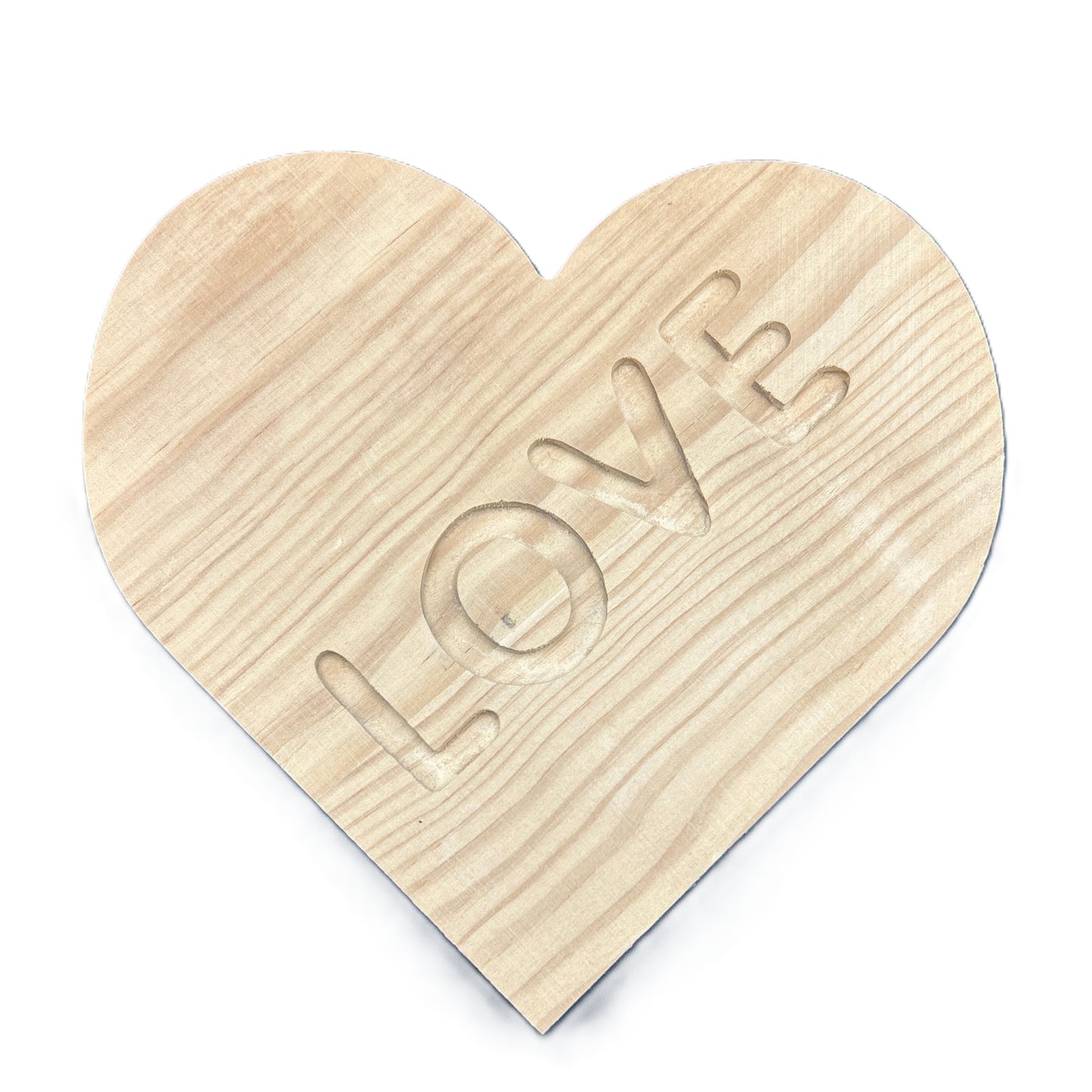 Wooden heart-shaped plaque with 'LOVE' engraving on a white background