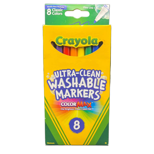 Crayola Ultra-Clean Washable Markers packaging with 8 markers on a white background