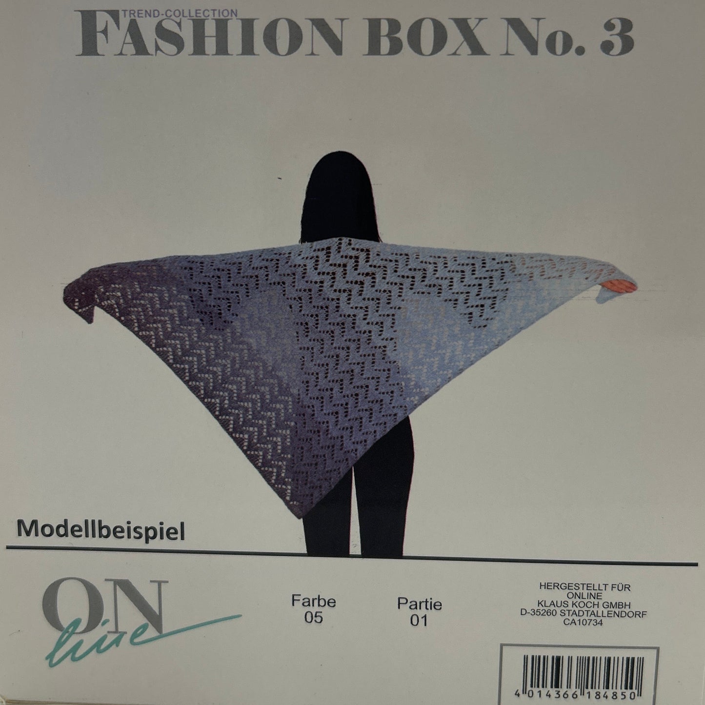 Cardboard box labeled 'Fashion Box No. 3' with a geometric design on a white background