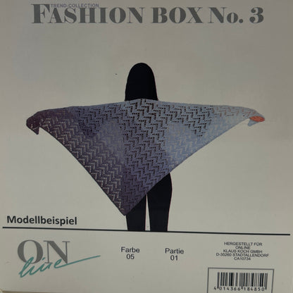 Cardboard box labeled 'Fashion Box No. 3' with a geometric design on a white background