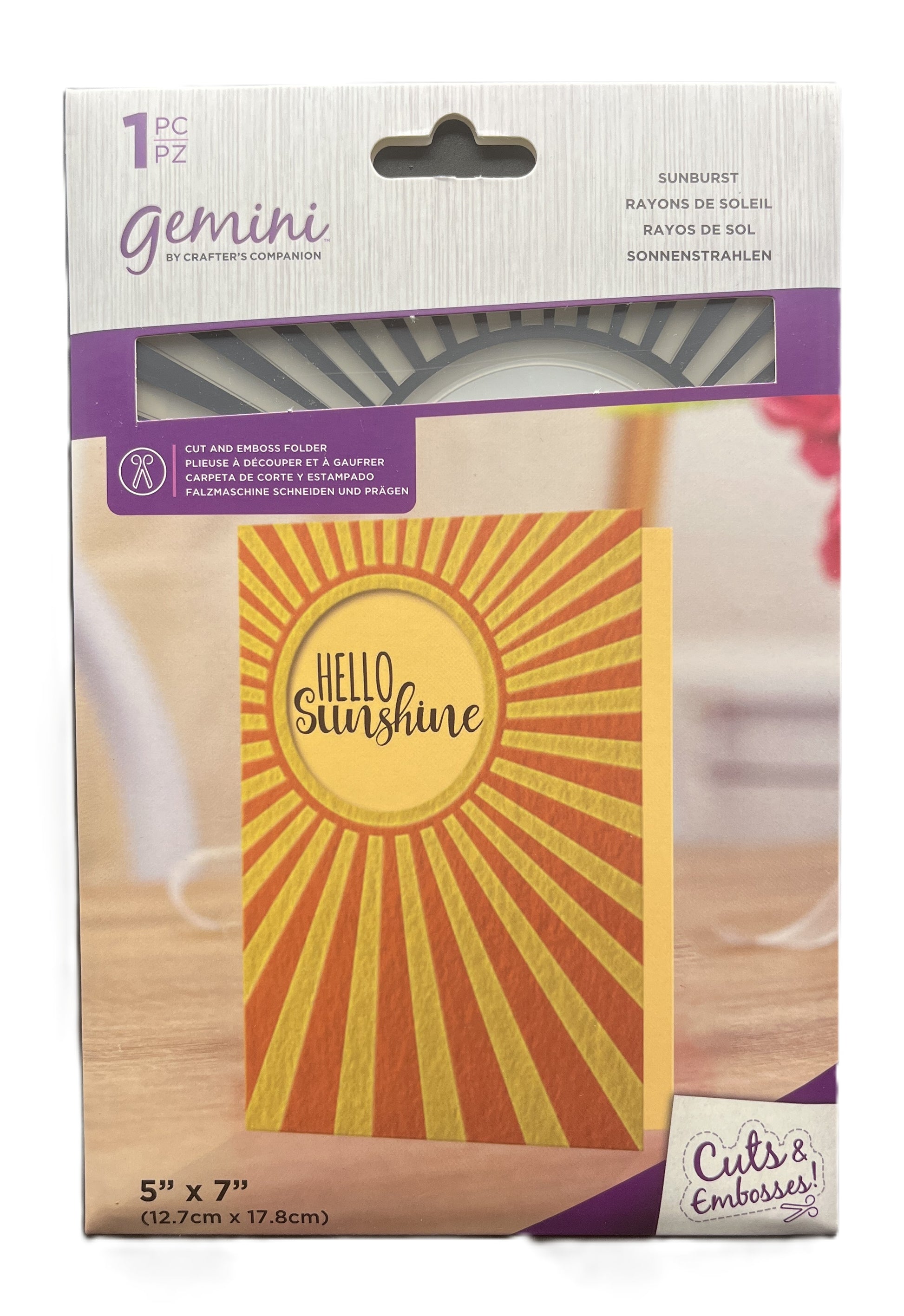 Packaged sunburst die cut with 'Hello Sunshine' text on a white background