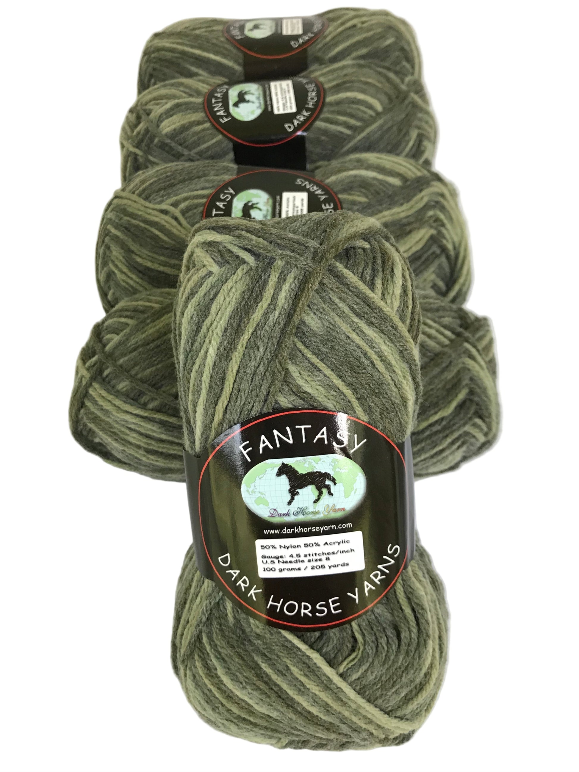Four skeins of green yarn with 'Dark Horse Yarns' labels on a white background